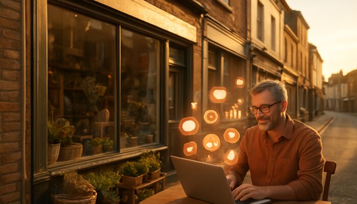 Shop owner in Royal Wootton Bassett using laptop for digital marketing with social icons