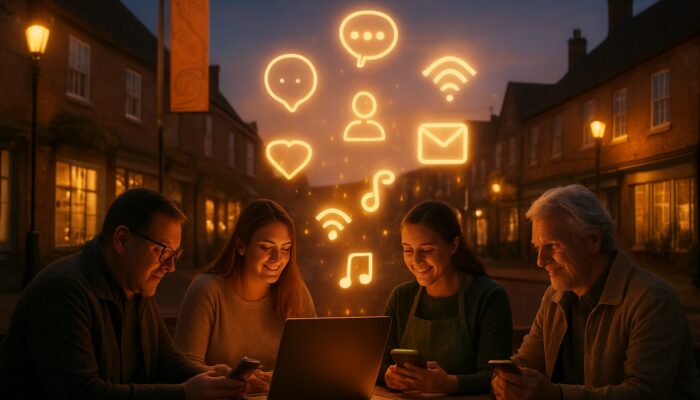Shop owners using laptops in Royal Wootton Bassett square at dusk with glowing digital icons