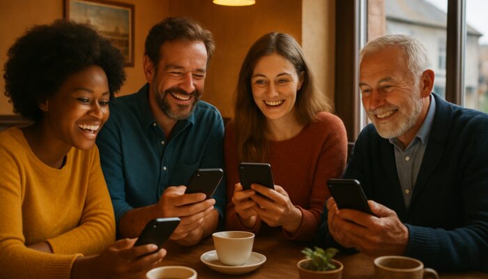 Kingsbridge locals smiling in cosy café during live social media Q&A on smartphones