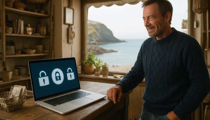 Charming Ilfracombe shop with laptop displaying secure PayPal, Stripe and SagePay checkouts by the coast.